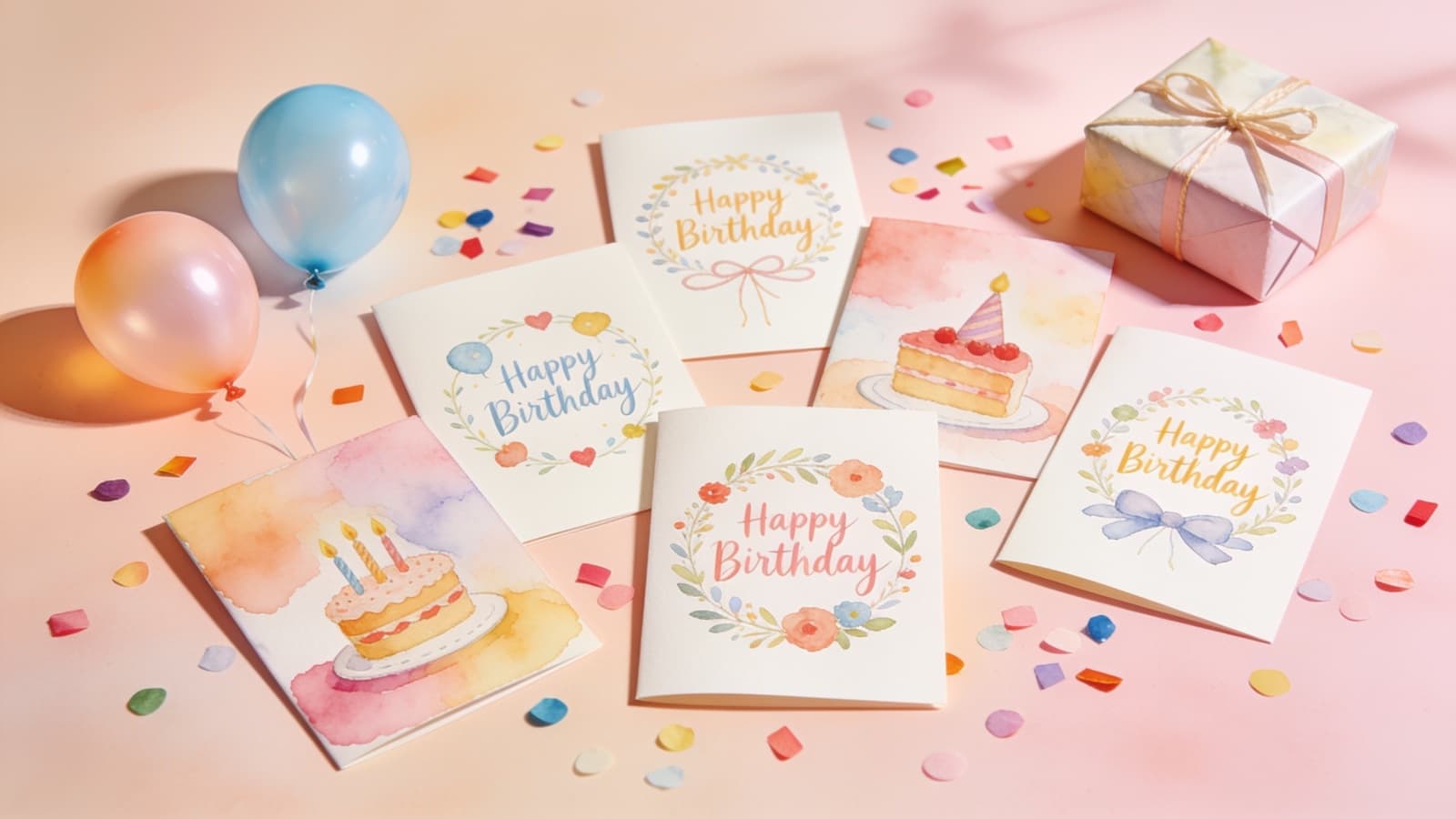 A flat-lay of illustrated birthday cards with confetti and balloons