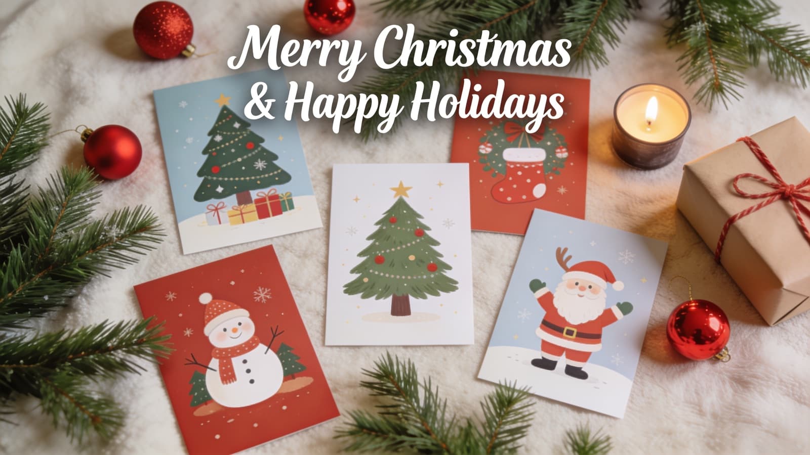 A flat-lay of illustrated Christmas cards with pine, baubles, and a gift