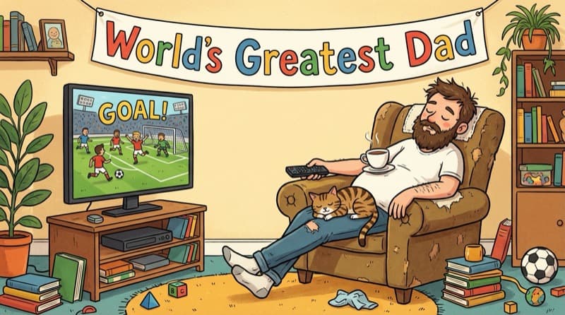 Humorous illustration of a dad asleep in his armchair for Father's Day