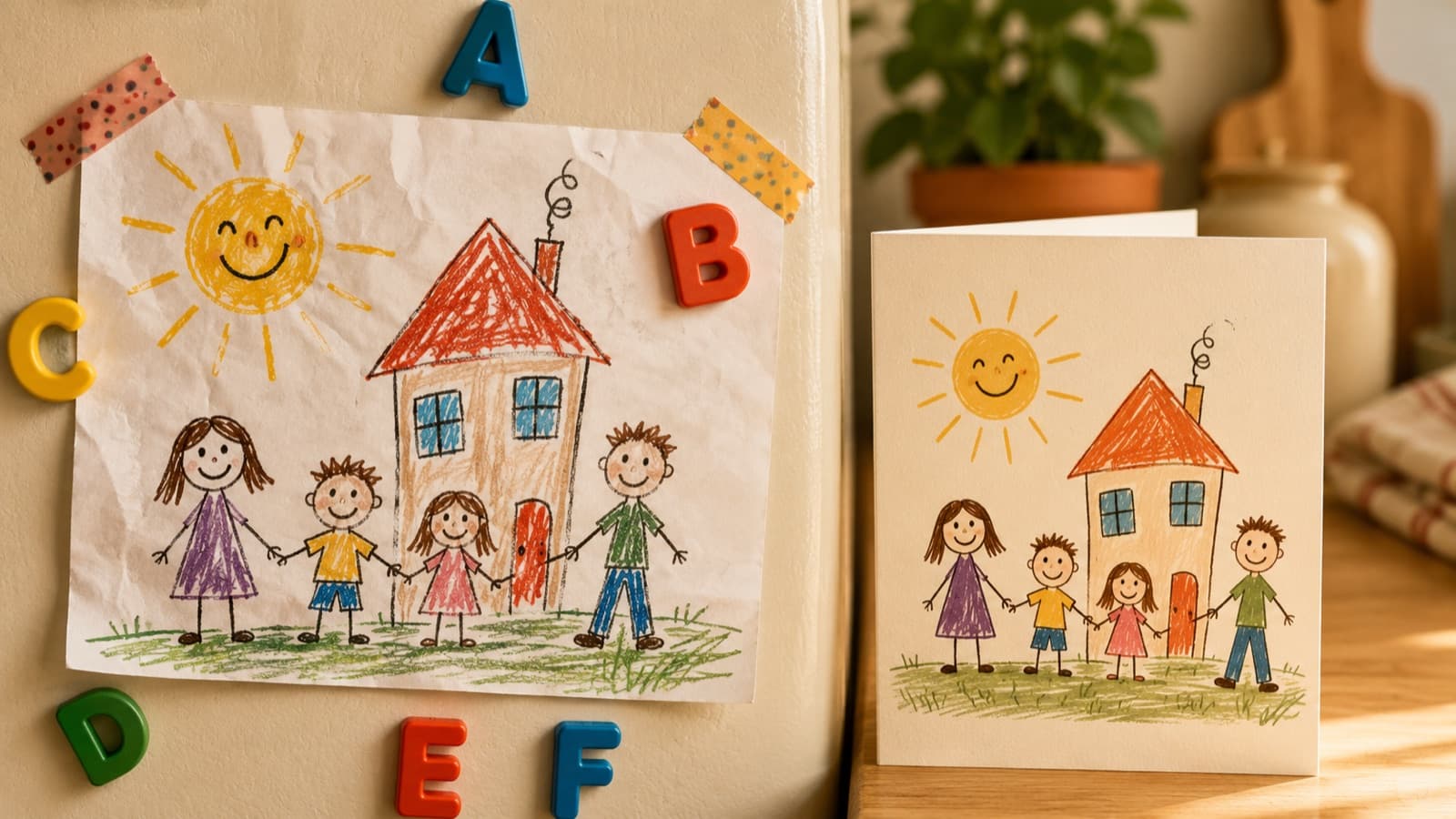 A child's crayon drawing turned into a printed greeting card for the family