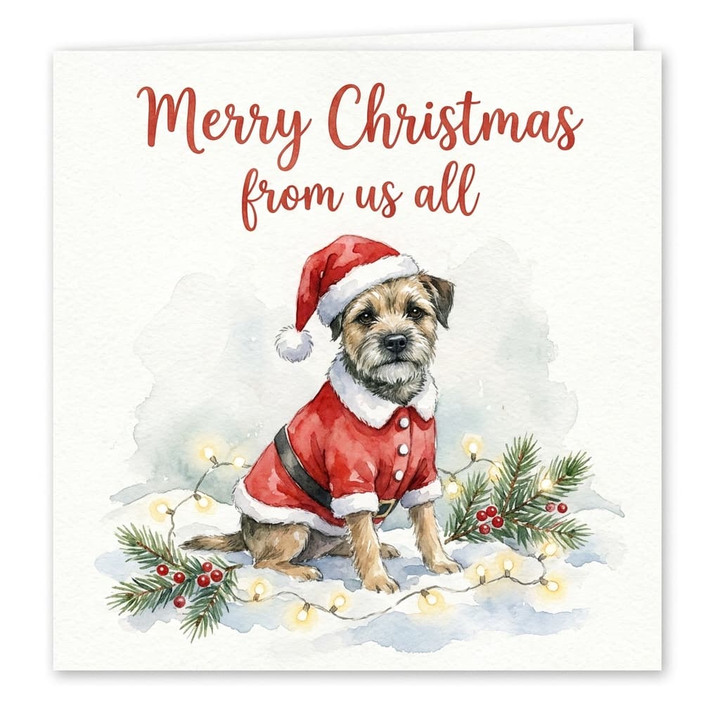 Christmas greeting card design with a border terrier dressed as Santa