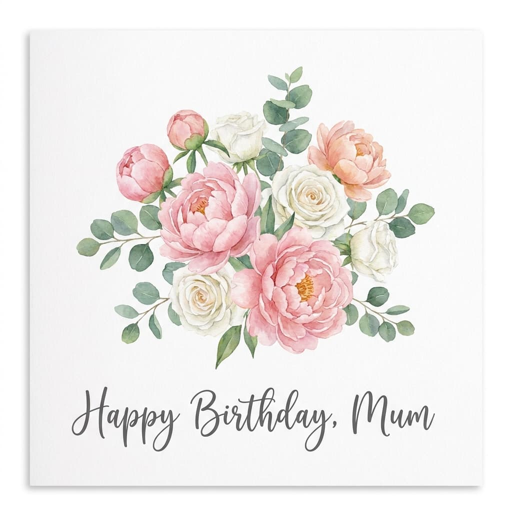 Watercolour peony bouquet greeting card design